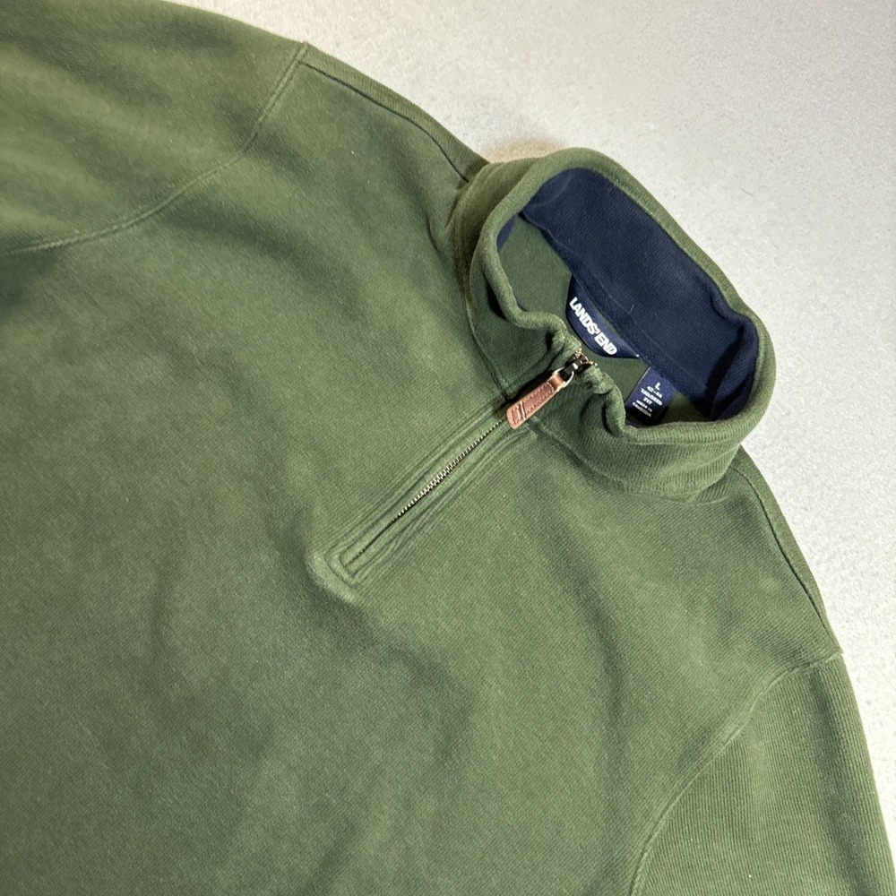 Lands' End‎ Men's Bedford Rib Quarter Zip Sweater Green Size Large 100% Cotton